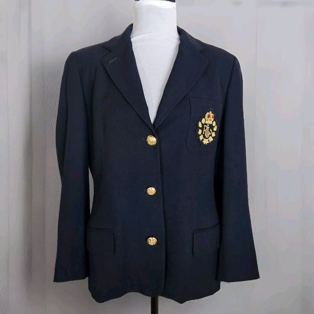 Vintage Ralph Lauren Crest Blazer, Wool, Navy, Crest & Crown on Pocket, Sz 10